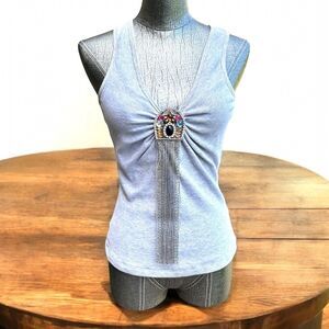 Sky Gray Tank Top Medium Silver and Rhinestone Embellished